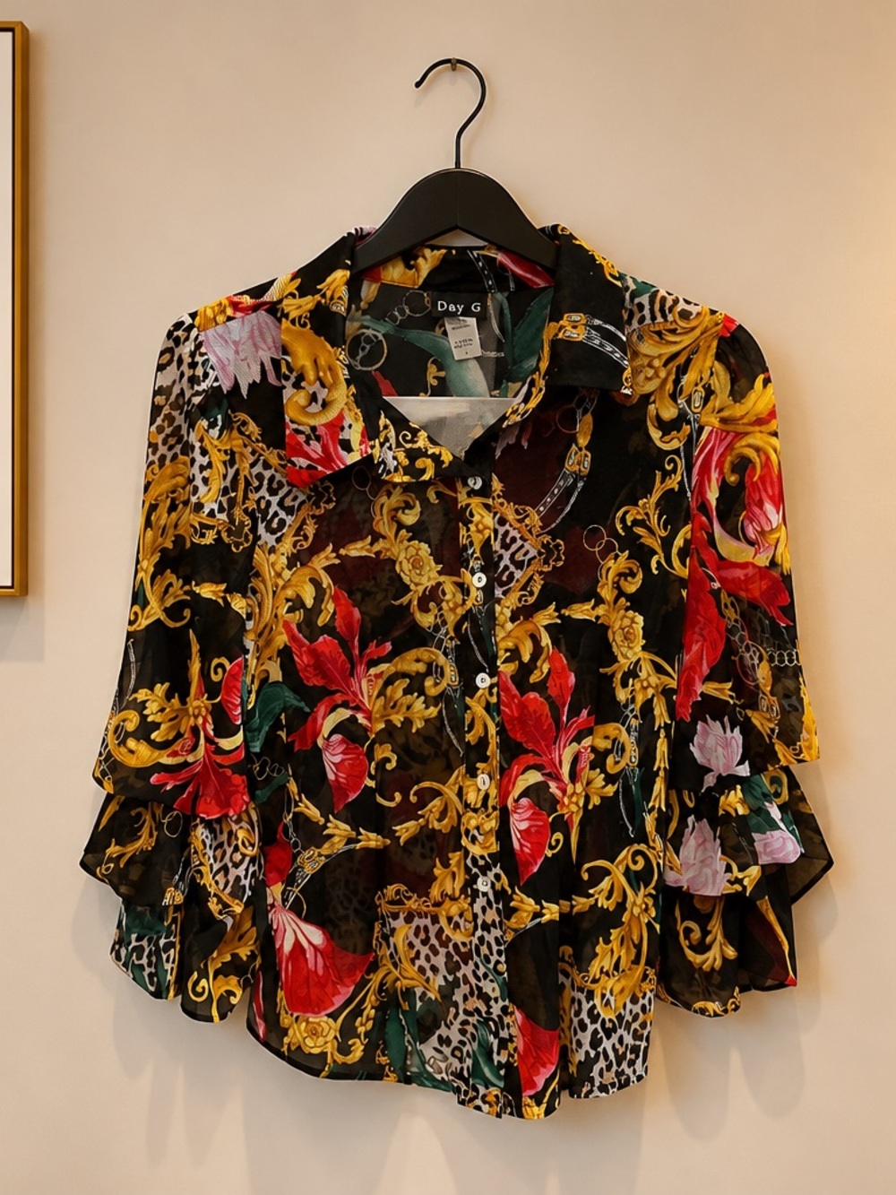 Day G Black Floral Baroque Ruffle Button-Down Shirt